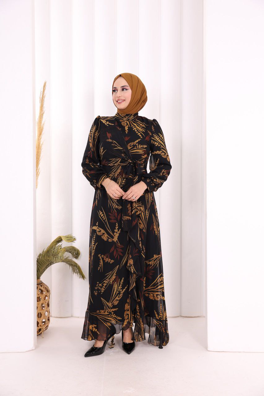 Leaf Print Chiffon Modest Dress (available in 2 colors)